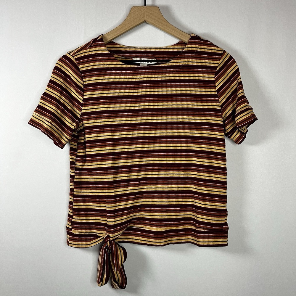 Vintage Jewel Blouse Women Size Medium Stripe Short Sleeve Tie Front Shirt Y2K